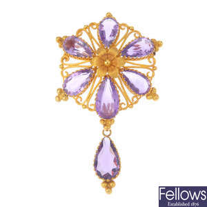 A late Victorian gold amethyst brooch.