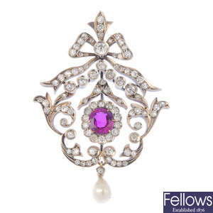 A late 19th century silver and gold synthetic ruby, diamond and pearl pendant, circa 1880.