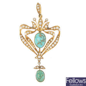 An Edwardian 15ct gold turquoise and split pearl pendant.