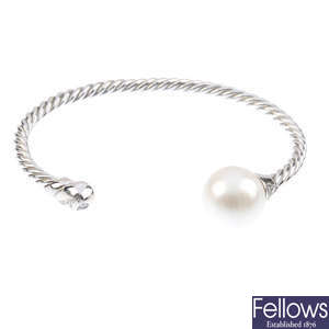 CHIMENTO - an 18ct gold cultured pearl and diamond bangle.