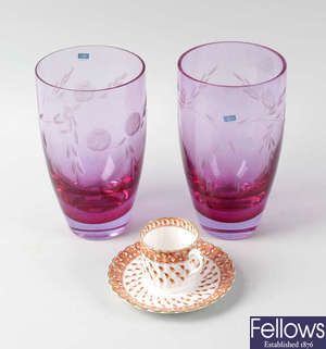 A pair of Caithness purple and clear glass vases, together with a Copeland Spode coffee can and saucer. (3).