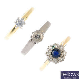 Three diamond and gem-set rings. 