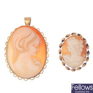 Two 9ct gold cameo brooches.
