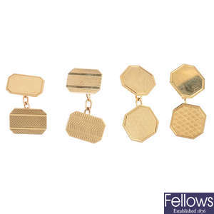 One pair of 9ct gold cufflinks and two single 9ct gold cufflinks.