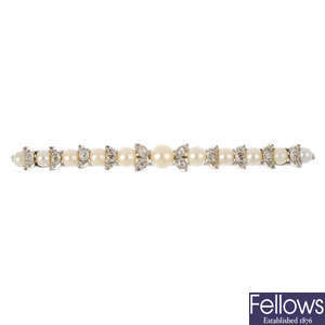 A mid 20th century cultured pearl and diamond brooch.
