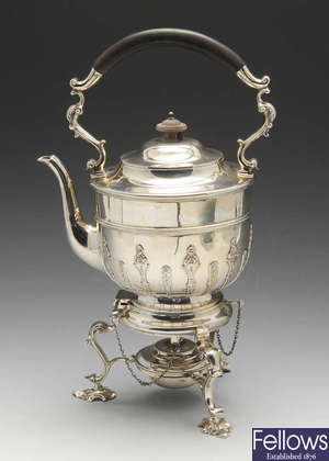 An early 20th century silver spirit kettle on stand.
