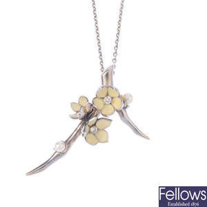 SHAUN LEANE - a silver diamond and enamel pendant and earring set.