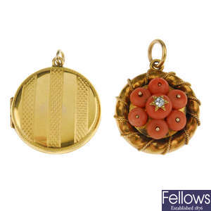 A late Victorian coral and diamond photograph pendant and a locket.