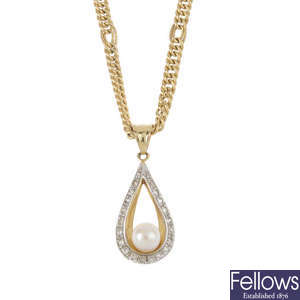 A cultured pearl and cubic zirconia pendant, and a pair of cubic zirconia earrings.