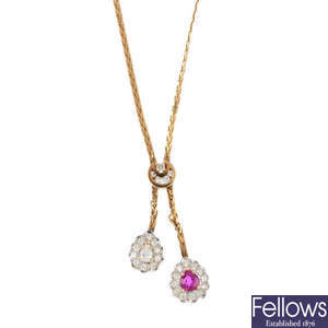 A ruby and diamond negligee pendant, on chain.