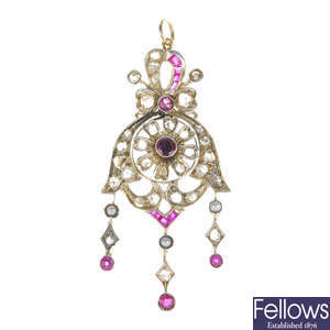 A mid 20th century ruby and diamond and split pearl pendant.