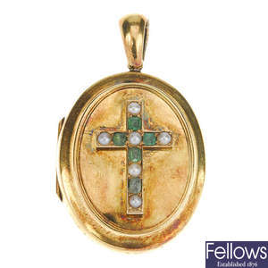 A late 19th century gold emerald and split pearl locket.