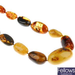 A natural amber and reconstituted amber necklace.