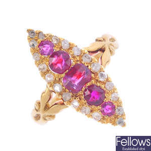 An Edwardian 18ct gold ruby and diamond ring.