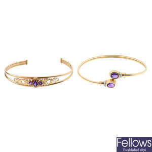 Two 9ct gold amethyst bangles.