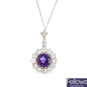 A diamond and amethyst cluster pendant, with 18ct gold chain.