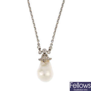 A pearl and diamond pendant.