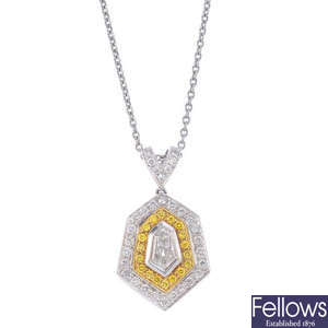 A diamond and colour treated 'yellow' diamond pendant.