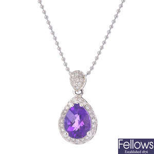 An amethyst and diamond pendant, with chain.