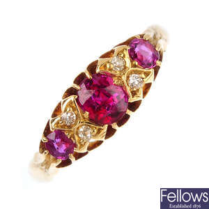 An Edwardian 18ct gold ruby three-stone ring.