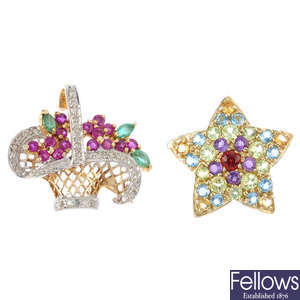 Three items of diamond and gem-set jewellery.
