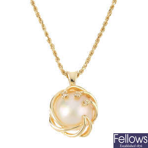 A mabe pearl and diamond pendant, with chain.