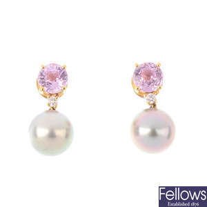A pair of 18ct gold sapphire, diamond and cultured pearl drop earrings.
