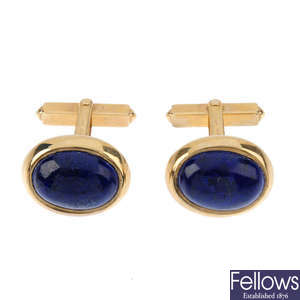 A pair of 9ct gold lapis lazuli cufflinks.