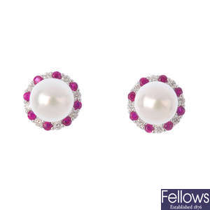 A pair of 18ct gold cultured pearl, ruby and diamond earrings.