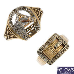 Two gentleman's 9ct gold diamond dress rings.