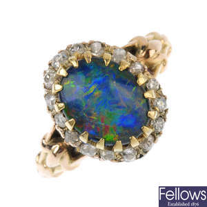 An opal triplet and diamond ring.