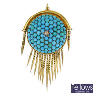 A late Victorian 18ct gold turquoise and diamond memorial brooch.