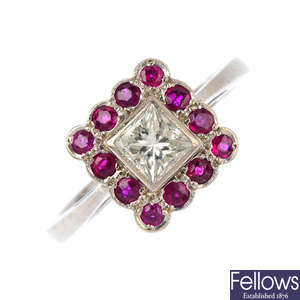 An 18ct gold diamond and ruby cluster ring.