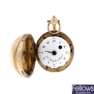 A yellow metal fob watch enclosed in a spherical case by D. Hunter.