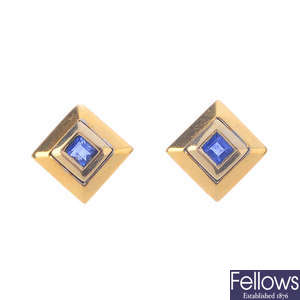 A pair of sapphire earrings.