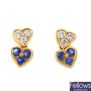 A pair of 18ct gold sapphire and diamond earrings.