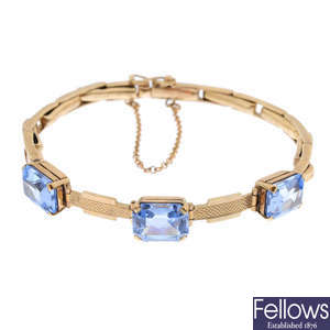 A mid 20th century 9ct gold synthetic spinel bracelet