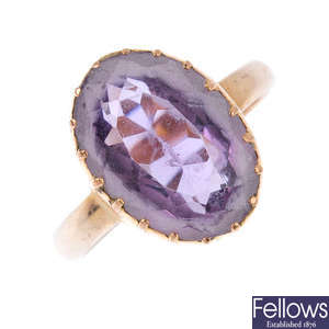 Two late Victorian brooches and an amethyst single-stone ring.