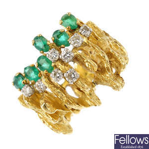 A mid 20th century gold, diamond and emerald dress ring.
