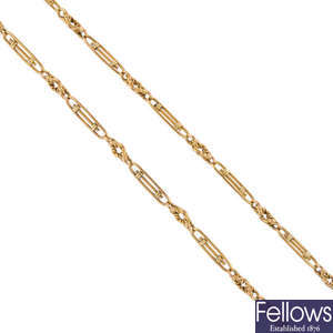 A mid 20th century 18ct gold chain.