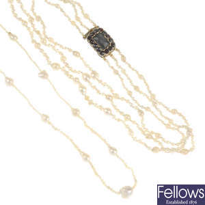 Two cultured pearl necklaces, one with a late Victorian gold memorial clasp and a garnet bracelet.