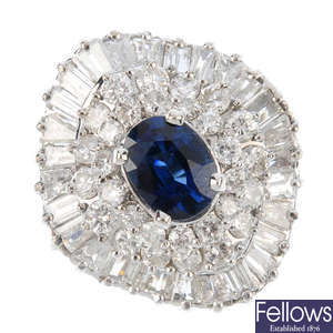 A sapphire and diamond cocktail ring.