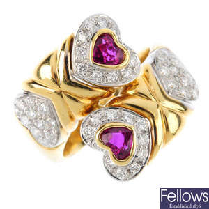 A ruby and diamond crossover ring. 