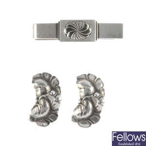 GEORG JENSEN - a pair of earrings and a tie clip.