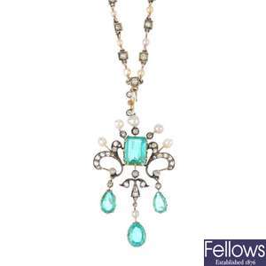 A late Victorian Colombian emerald, diamond and pearl pendant, with necklace.