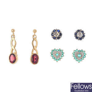 Five pairs of gem-set earrings.