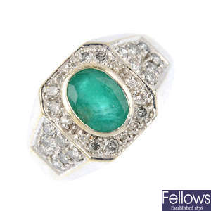 A gentleman's 18ct gold emerald and diamond cluster ring.