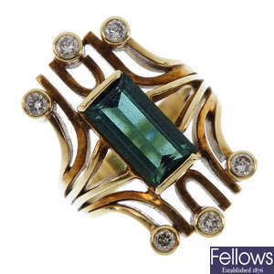 A 1970s 14ct gold tourmaline and diamond dress ring.