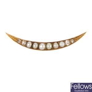 A late Victorian gold split pearl and diamond brooch.