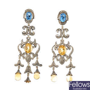 A pair of citrine, topaz and diamond earrings. AF.